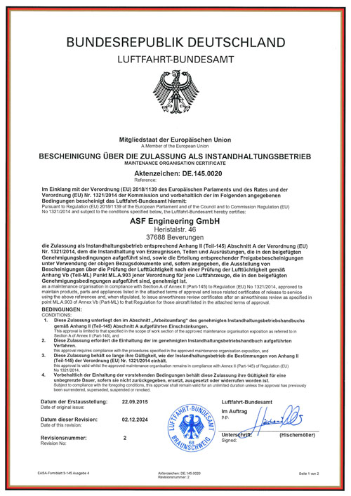 EASA Maintenance Organisation Approval DE.145.0020 as PDF document